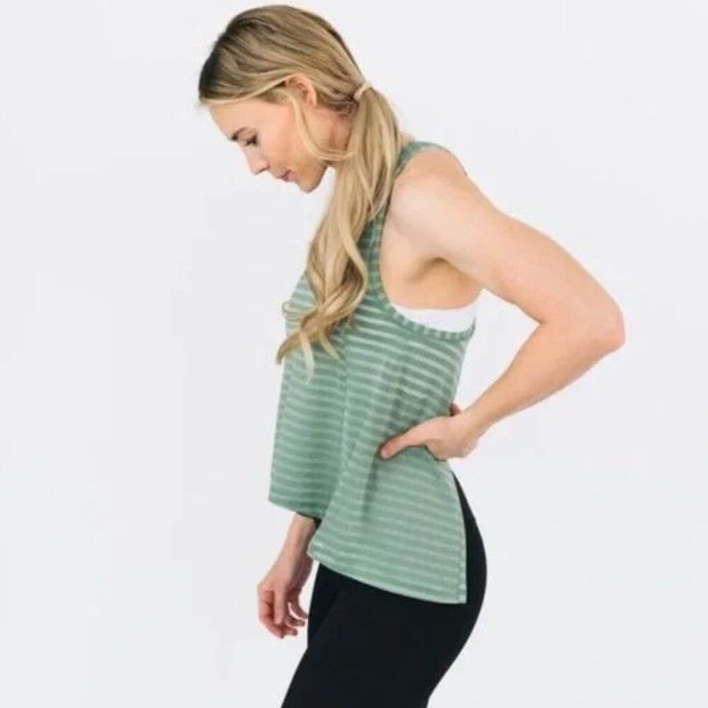 ZYIA Active Forest Nimbus Split Open Back Athletic Tank Top Green Stripes - Picture 2 of 6